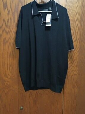 NWT Perry Ellis Black Short-Sleeve Polo Shirt with Contrast Trim